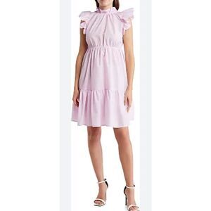 Love Ady Womens Flutter Sleeve High Neck Tiered‎ A Line Dress Purple Medium NWT